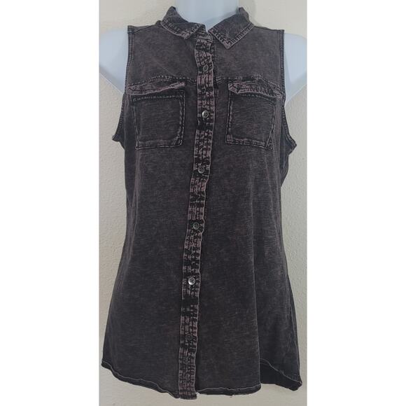 Rock & Republic Purple Button Up Sleeveless Cut Out Back Shirt Small Pockets - Picture 1 of 6